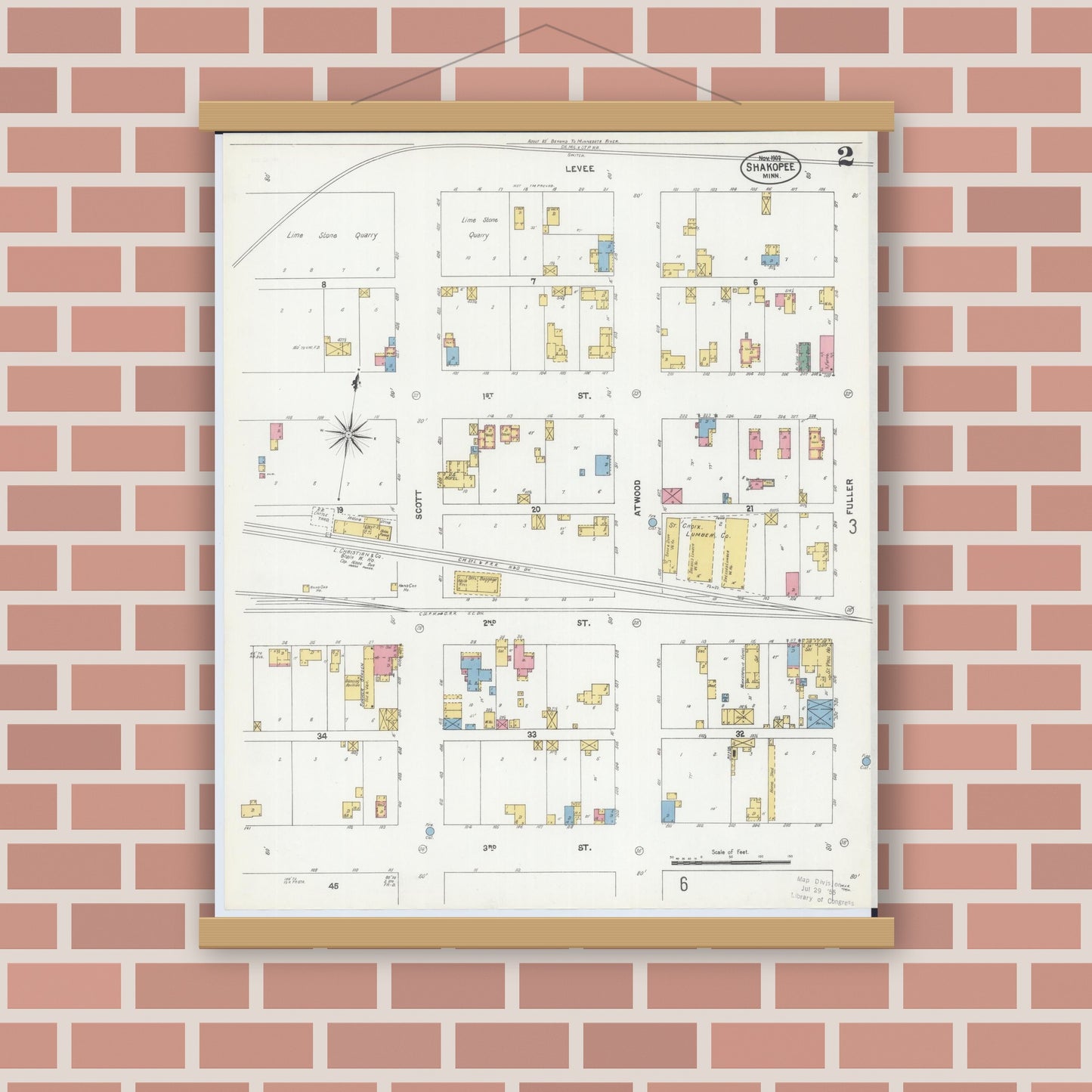 Old map wall art mockup — magnetic wood frame on brick wall — Sanborn Fire Insurance Map from Shakopee, Scott County, Minnesota (1902), Sheet #0002