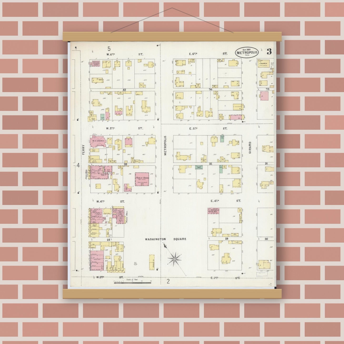 Old map wall art mockup — magnetic wood frame on brick wall — Sanborn Fire Insurance Map from Metropolis, Massac County, Illinois (1897), Sheet #0003