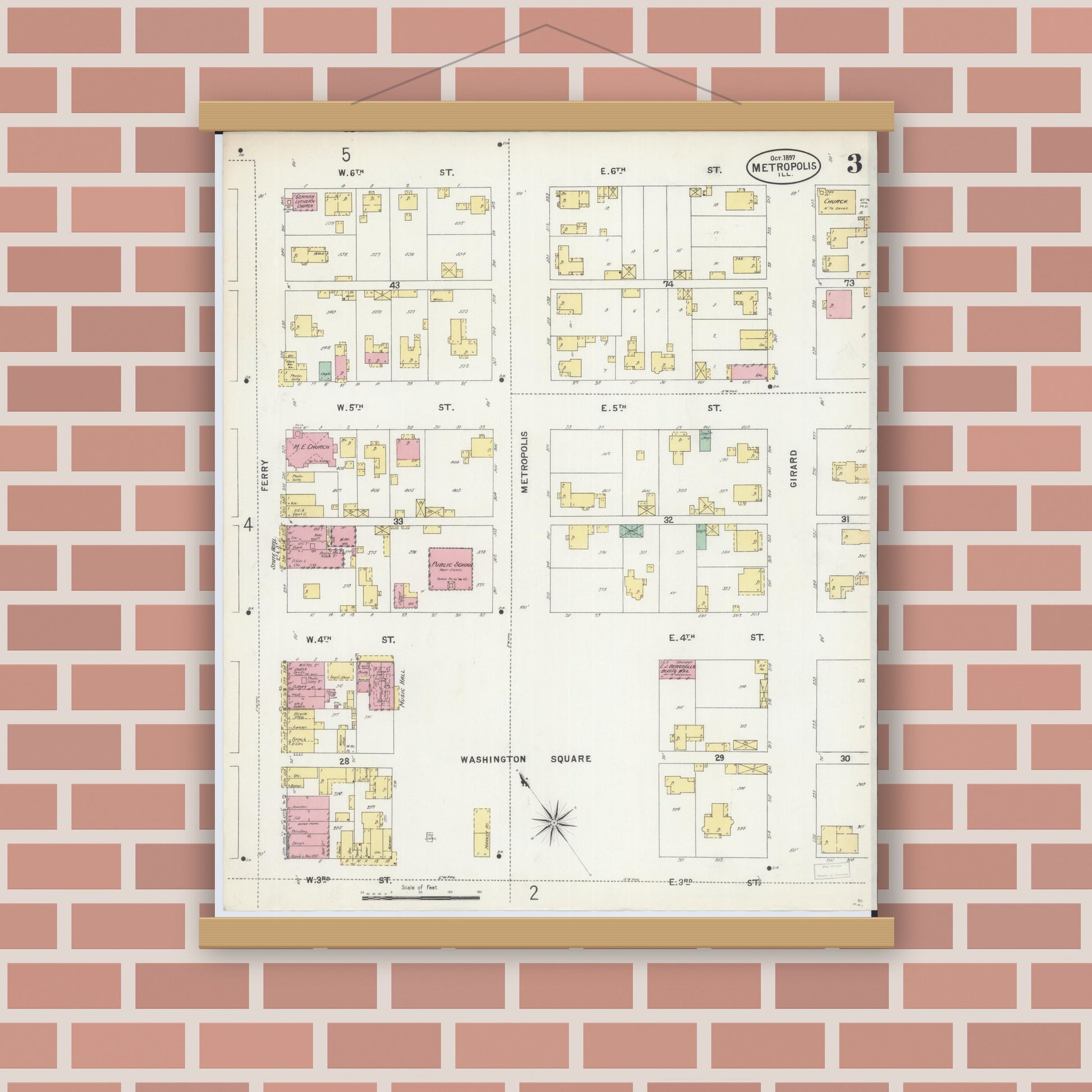 Old map wall art mockup — magnetic wood frame on brick wall — Sanborn Fire Insurance Map from Metropolis, Massac County, Illinois (1897), Sheet #0003