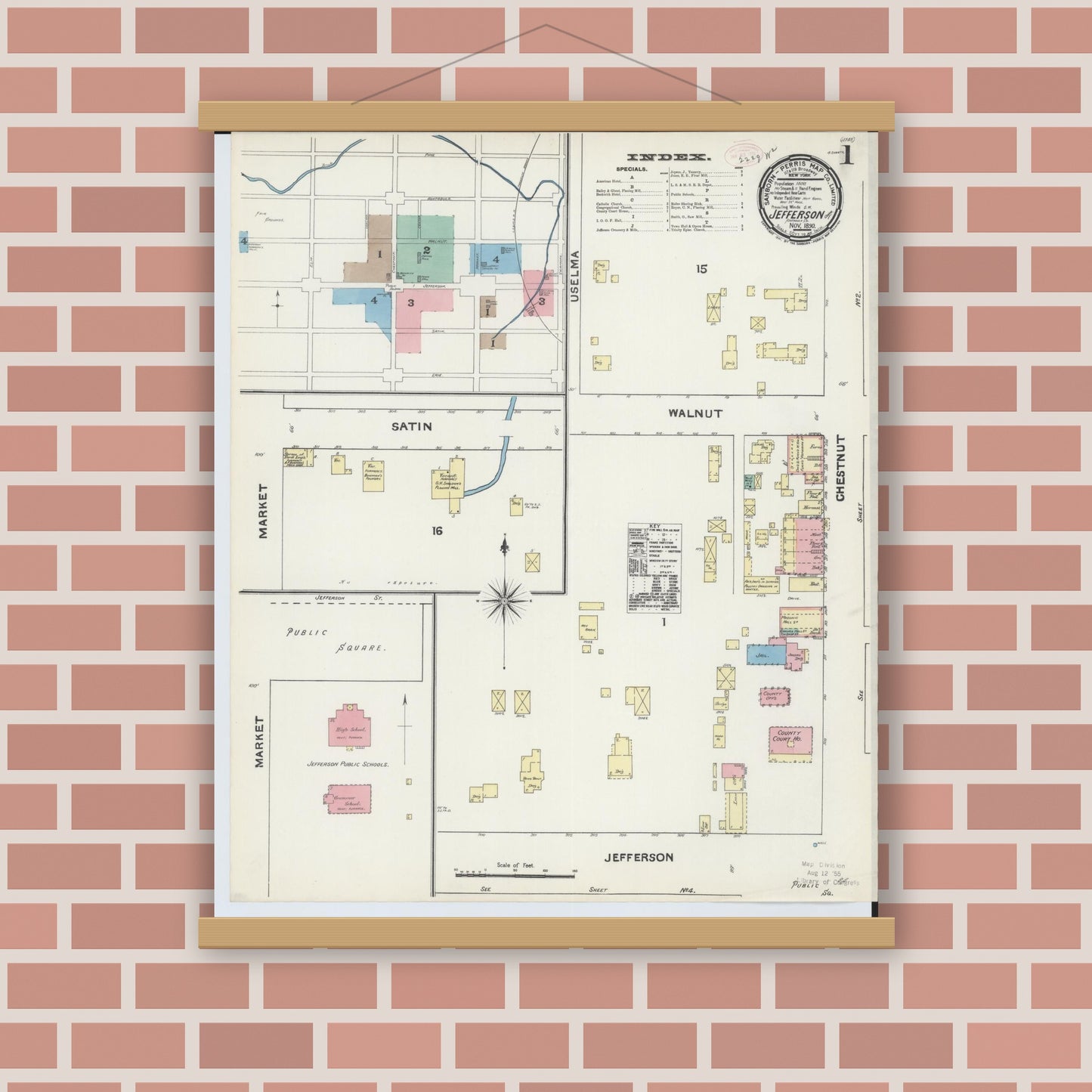 Old map wall art mockup — magnetic wood frame on brick wall — Sanborn Fire Insurance Map from Jefferson, Ashtabula County, Ohio (1890) - Complete Map Set