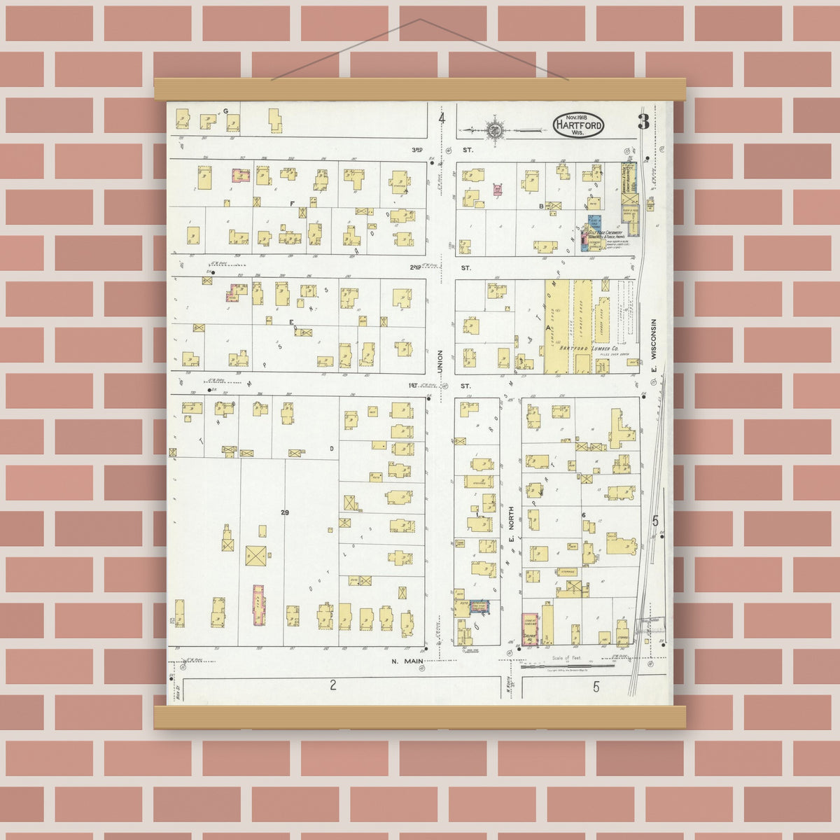 Old map wall art mockup — magnetic wood frame on brick wall — Sanborn Fire Insurance Map from Hartford, Washington County, Wisconsin (1918), Sheet #0003