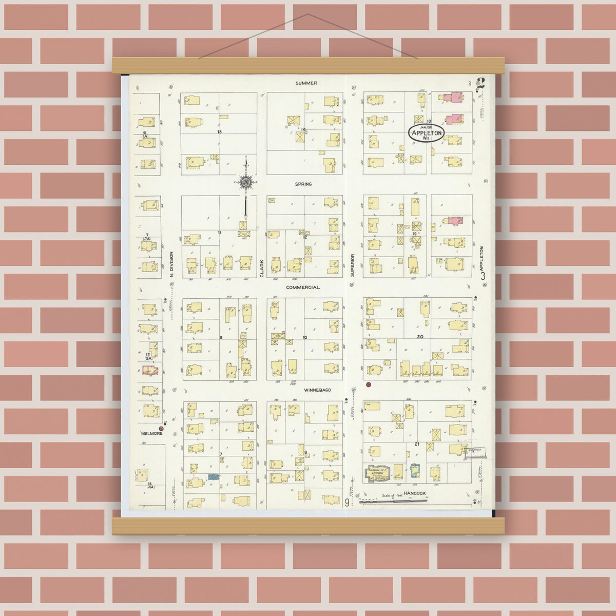Old map wall art mockup — magnetic wood frame on brick wall — Sanborn Fire Insurance Map from Appleton, Outagamie County, Wisconsin (1911), Sheet #0002