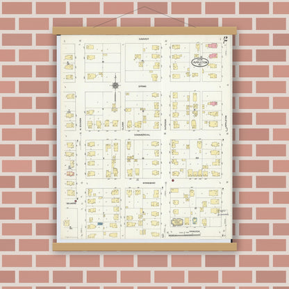 Old map wall art mockup — magnetic wood frame on brick wall — Sanborn Fire Insurance Map from Appleton, Outagamie County, Wisconsin (1911), Sheet #0002