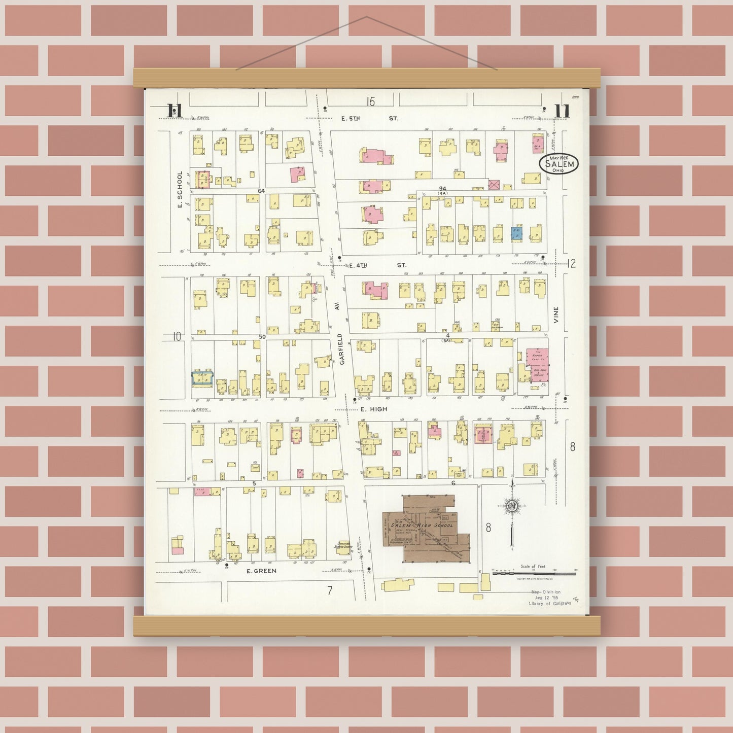Old map wall art mockup — magnetic wood frame on brick wall — Sanborn Fire Insurance Map from Salem, Columbiana County, Ohio (1926), Sheet #0011