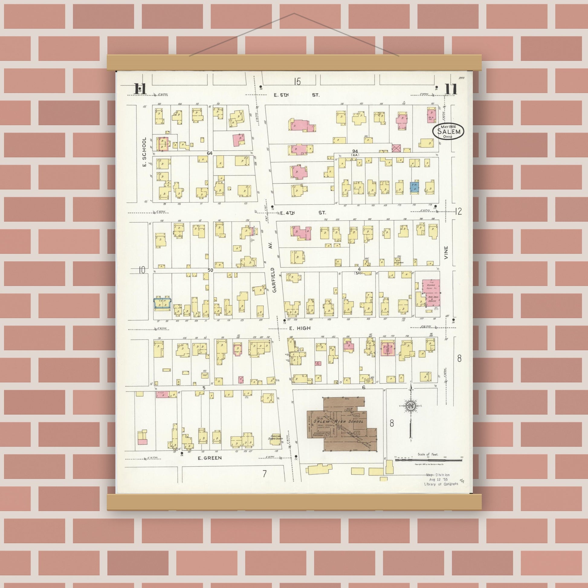 Old map wall art mockup — magnetic wood frame on brick wall — Sanborn Fire Insurance Map from Salem, Columbiana County, Ohio (1926), Sheet #0011