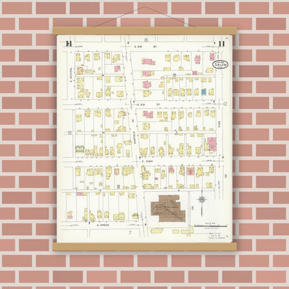 Old map wall art mockup — magnetic wood frame on brick wall — Sanborn Fire Insurance Map from Salem, Columbiana County, Ohio (1926), Sheet #0011