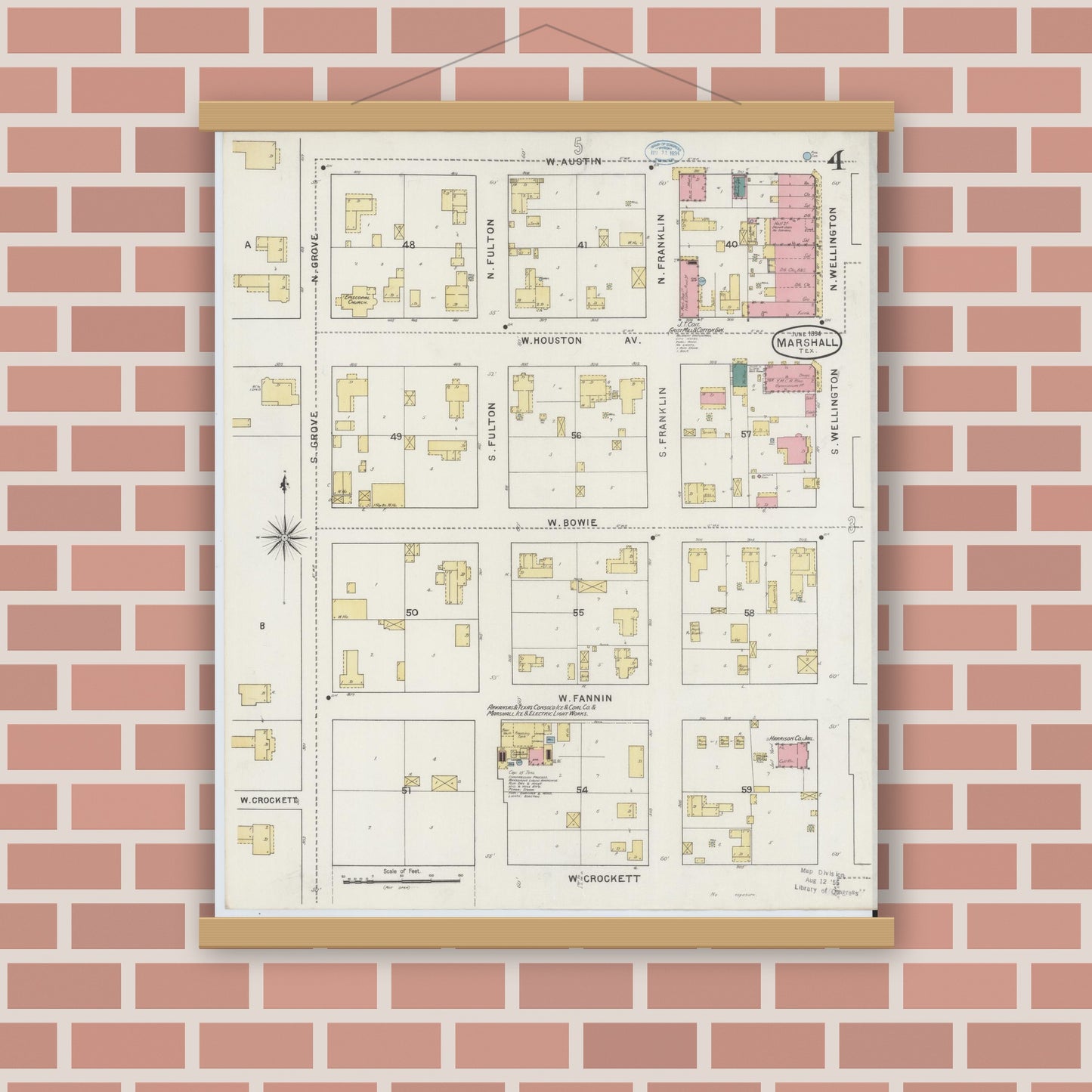 Old map wall art mockup — magnetic wood frame on brick wall — Sanborn Fire Insurance Map from Marshall, Harrison County, Texas (1894), Sheet #0004