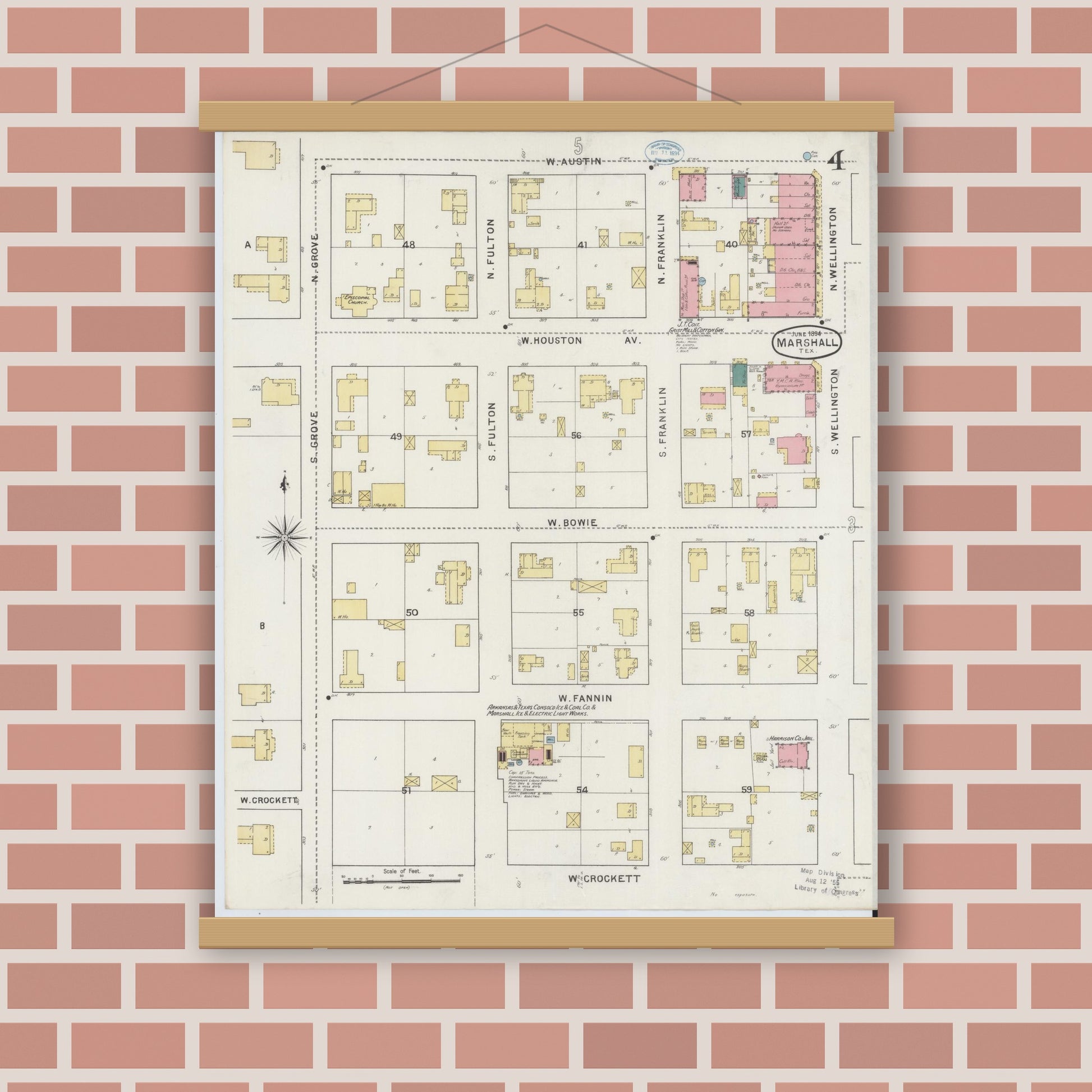 Old map wall art mockup — magnetic wood frame on brick wall — Sanborn Fire Insurance Map from Marshall, Harrison County, Texas (1894), Sheet #0004