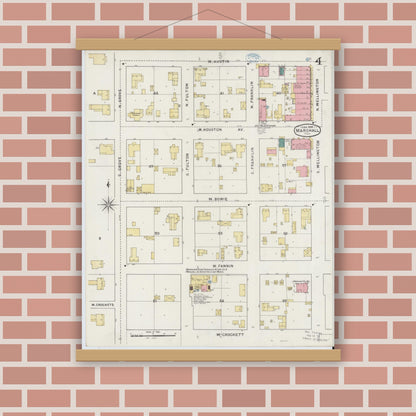 Old map wall art mockup — magnetic wood frame on brick wall — Sanborn Fire Insurance Map from Marshall, Harrison County, Texas (1894), Sheet #0004