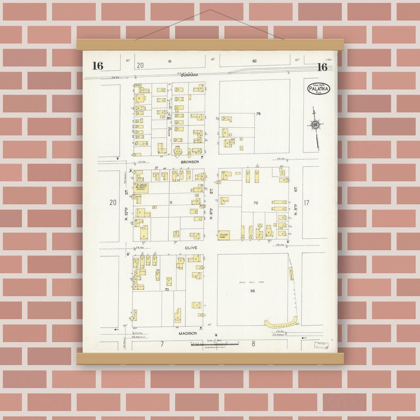Old map wall art mockup — magnetic wood frame on brick wall — Sanborn Fire Insurance Map from Palatka, Putnam County, Florida (1924), Sheet #0016