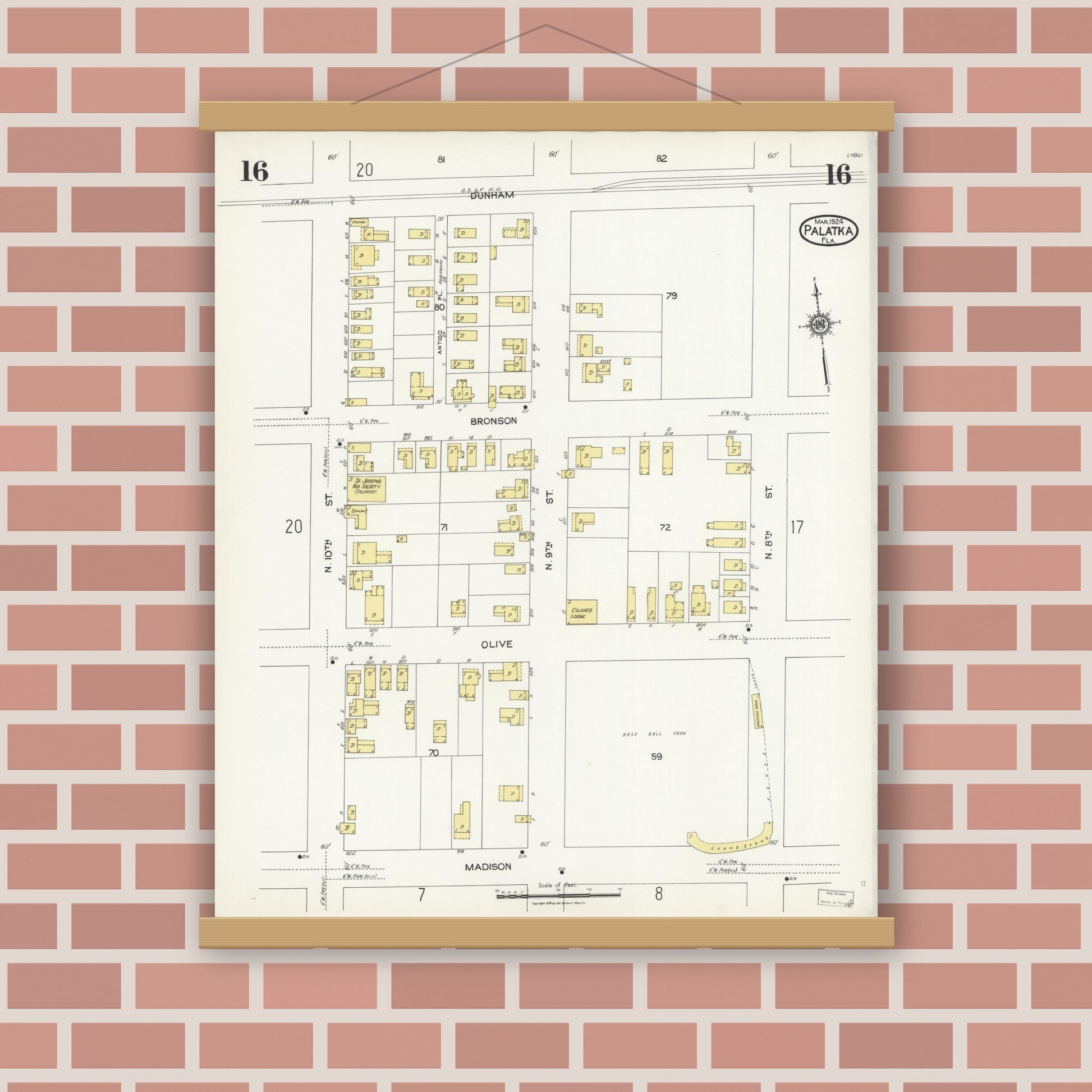 Old map wall art mockup — magnetic wood frame on brick wall — Sanborn Fire Insurance Map from Palatka, Putnam County, Florida (1924), Sheet #0016
