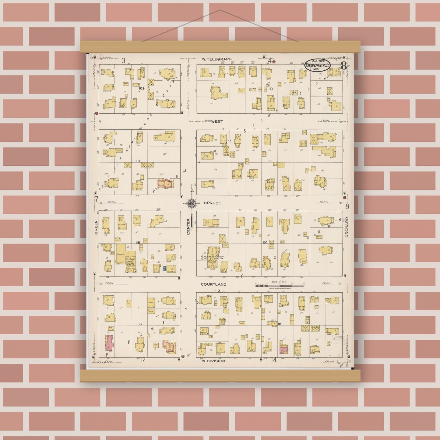 Old map wall art mockup — magnetic wood frame on brick wall — Sanborn Fire Insurance Map from Dowagiac, Cass County, Michigan (1922), Sheet #0008