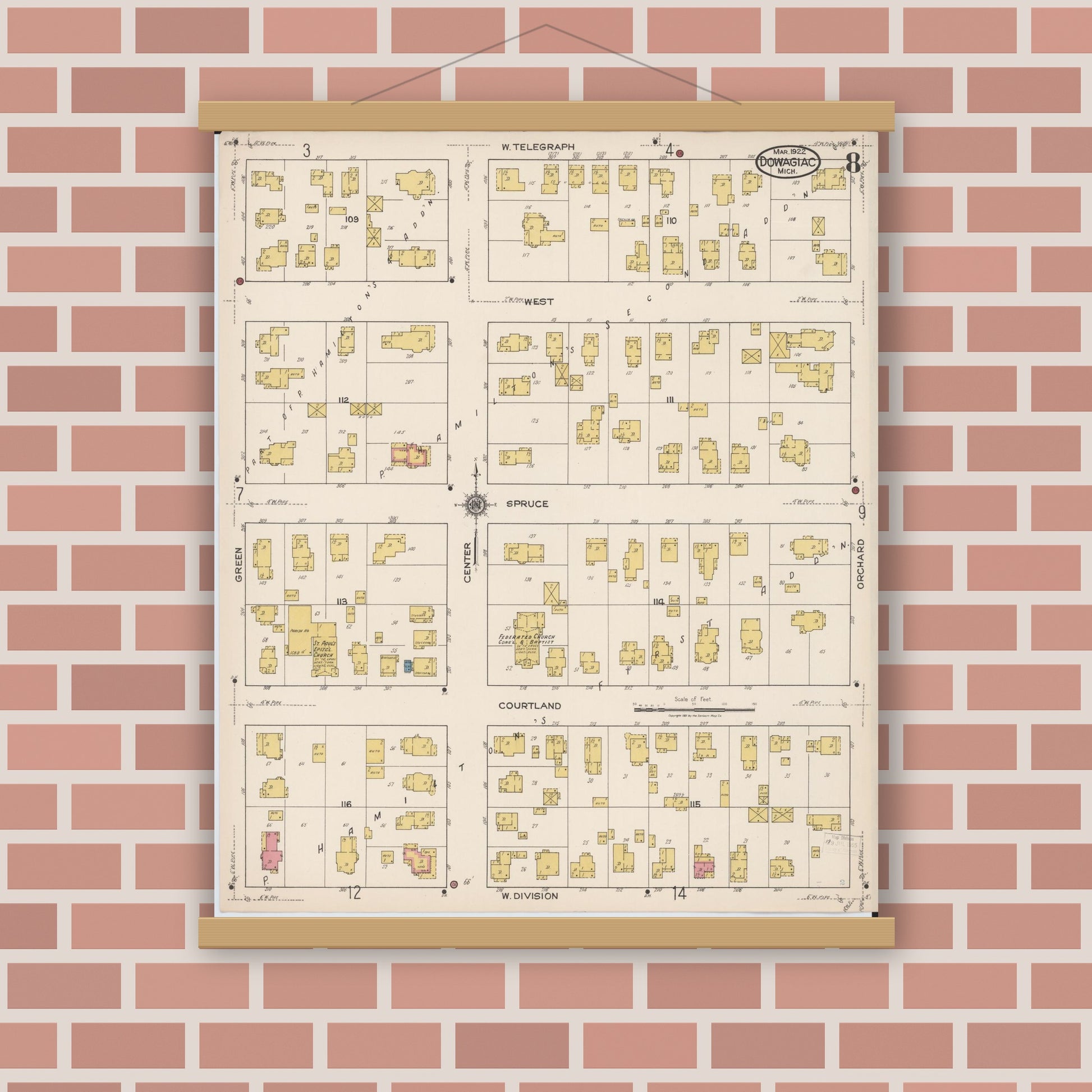 Old map wall art mockup — magnetic wood frame on brick wall — Sanborn Fire Insurance Map from Dowagiac, Cass County, Michigan (1922), Sheet #0008