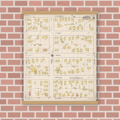 Old map wall art mockup — magnetic wood frame on brick wall — Sanborn Fire Insurance Map from Dowagiac, Cass County, Michigan (1922), Sheet #0008
