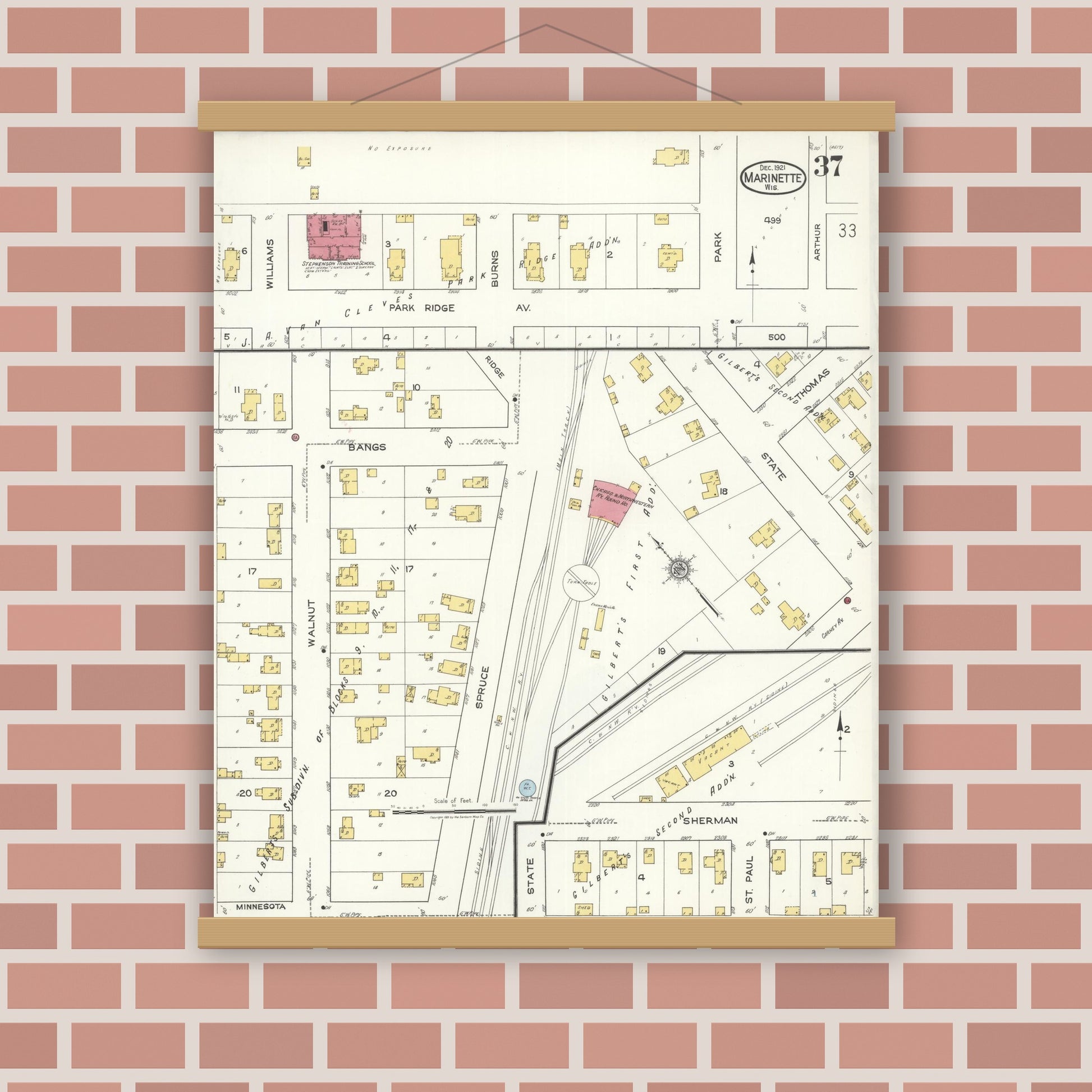 Old map wall art mockup — magnetic wood frame on brick wall — Sanborn Fire Insurance Map from Marinette, Marinette County, Wisconsin (1921), Sheet #0037