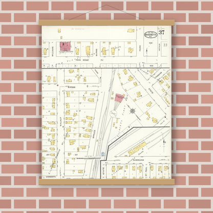 Old map wall art mockup — magnetic wood frame on brick wall — Sanborn Fire Insurance Map from Marinette, Marinette County, Wisconsin (1921), Sheet #0037
