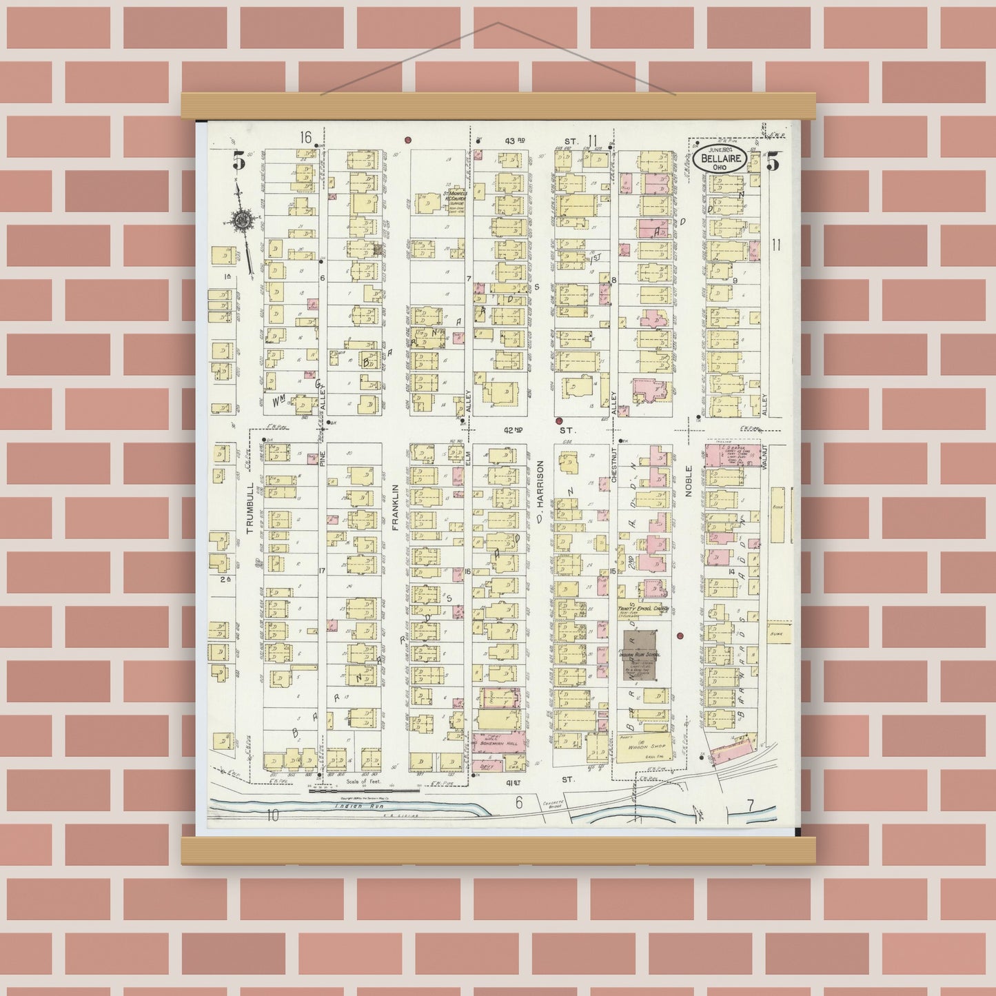 Old map wall art mockup — magnetic wood frame on brick wall — Sanborn Fire Insurance Map from Bellaire, Belmont County, Ohio (1924), Sheet #0005