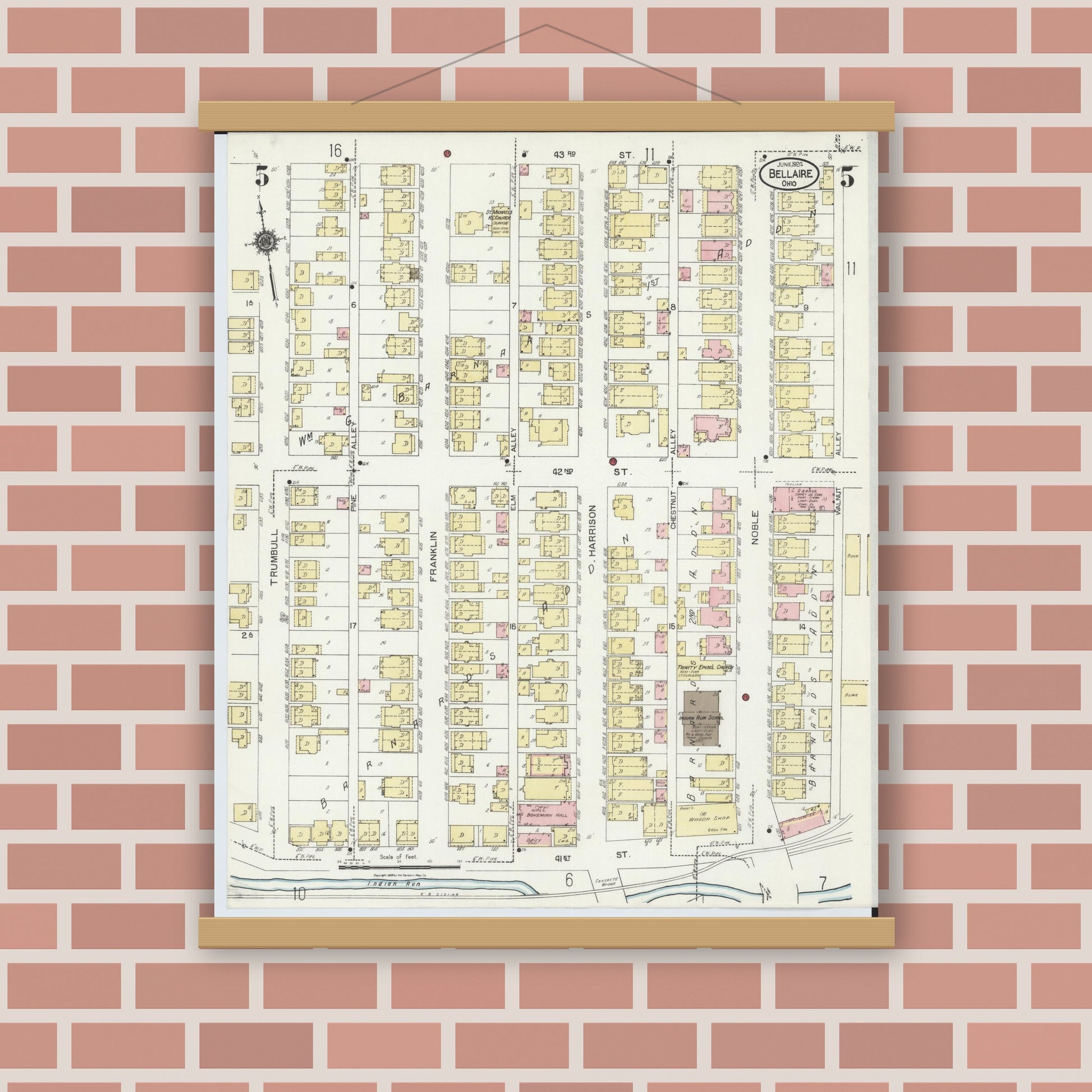 Old map wall art mockup — magnetic wood frame on brick wall — Sanborn Fire Insurance Map from Bellaire, Belmont County, Ohio (1924), Sheet #0005