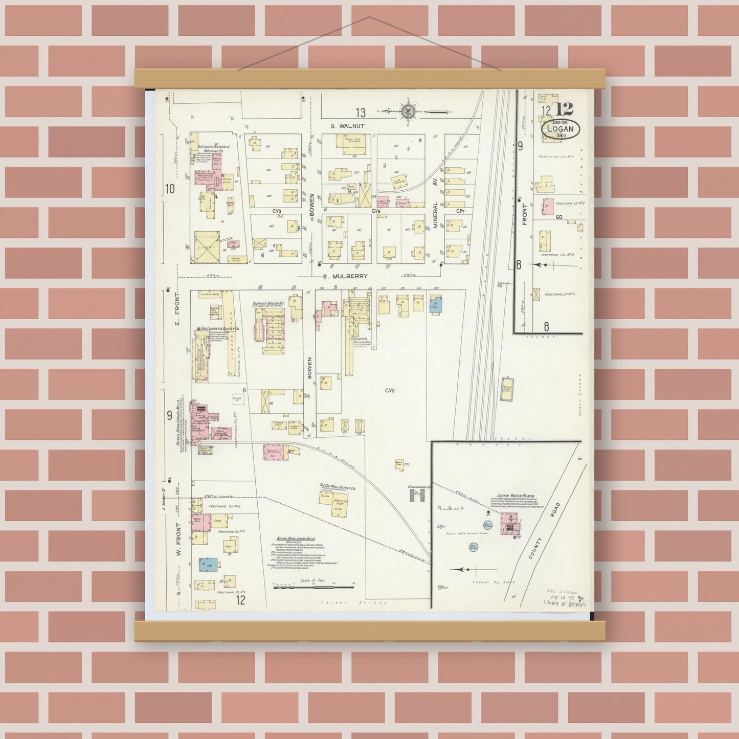 Old map wall art mockup — magnetic wood frame on brick wall — Sanborn Fire Insurance Map from Logan, Hocking County, Ohio (1914), Sheet #0012
