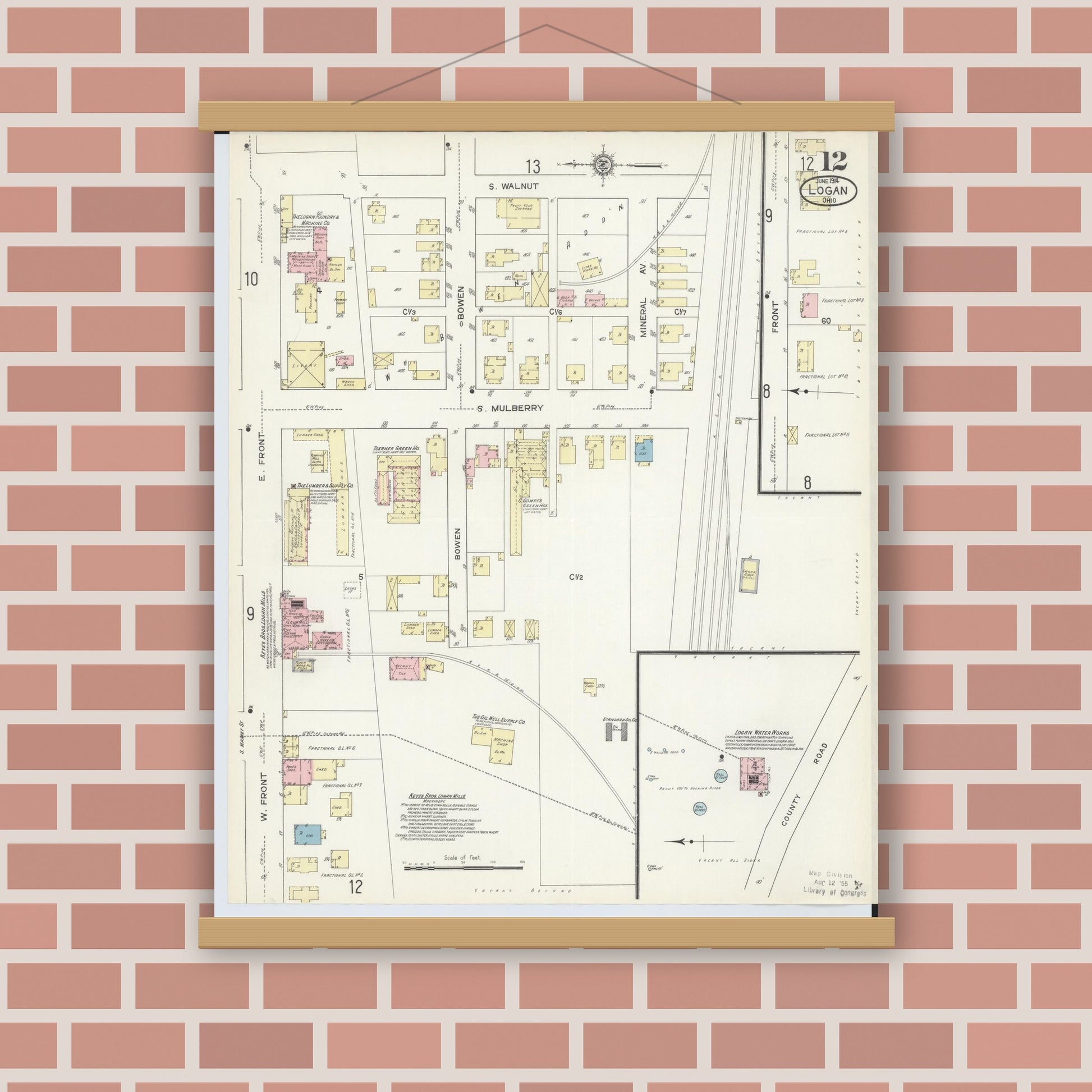 Old map wall art mockup — magnetic wood frame on brick wall — Sanborn Fire Insurance Map from Logan, Hocking County, Ohio (1914), Sheet #0012