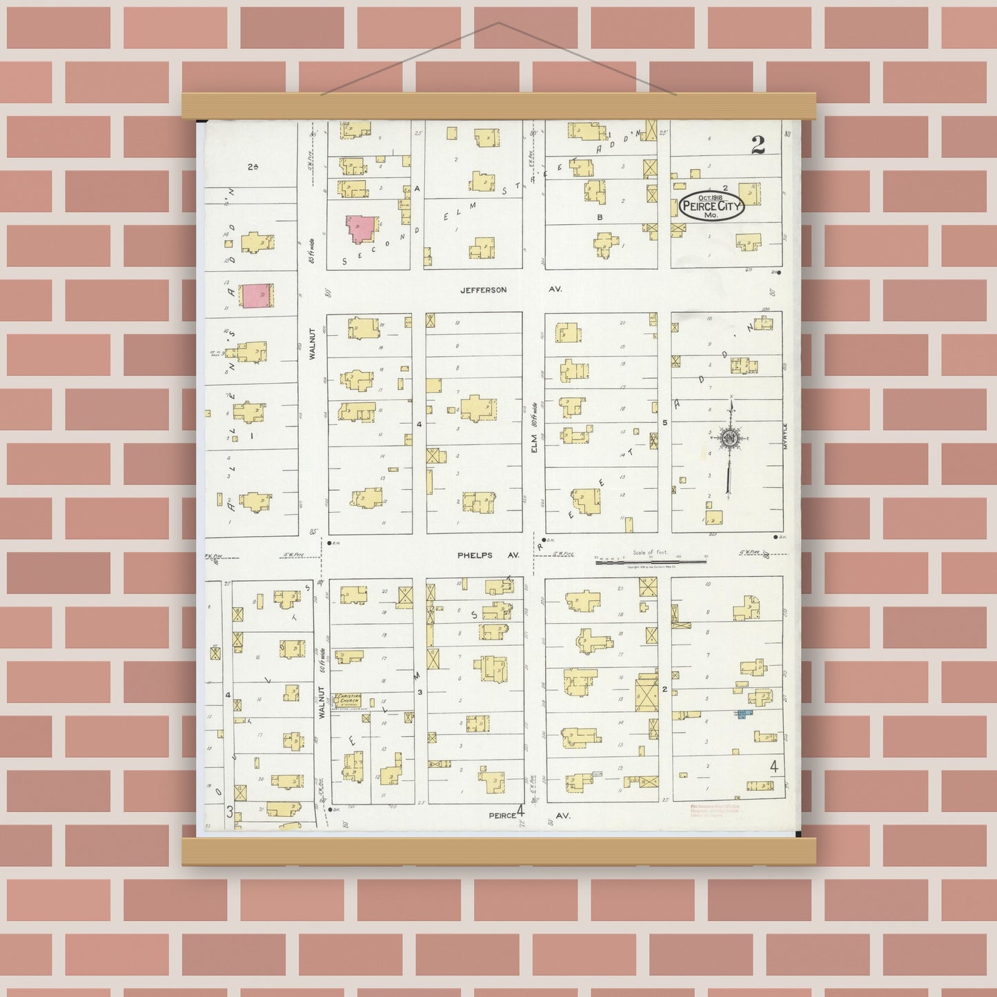 Old map wall art mockup — magnetic wood frame on brick wall — Sanborn Fire Insurance Map from Pierce City, Lawrence County, Missouri (1918), Sheet #0002