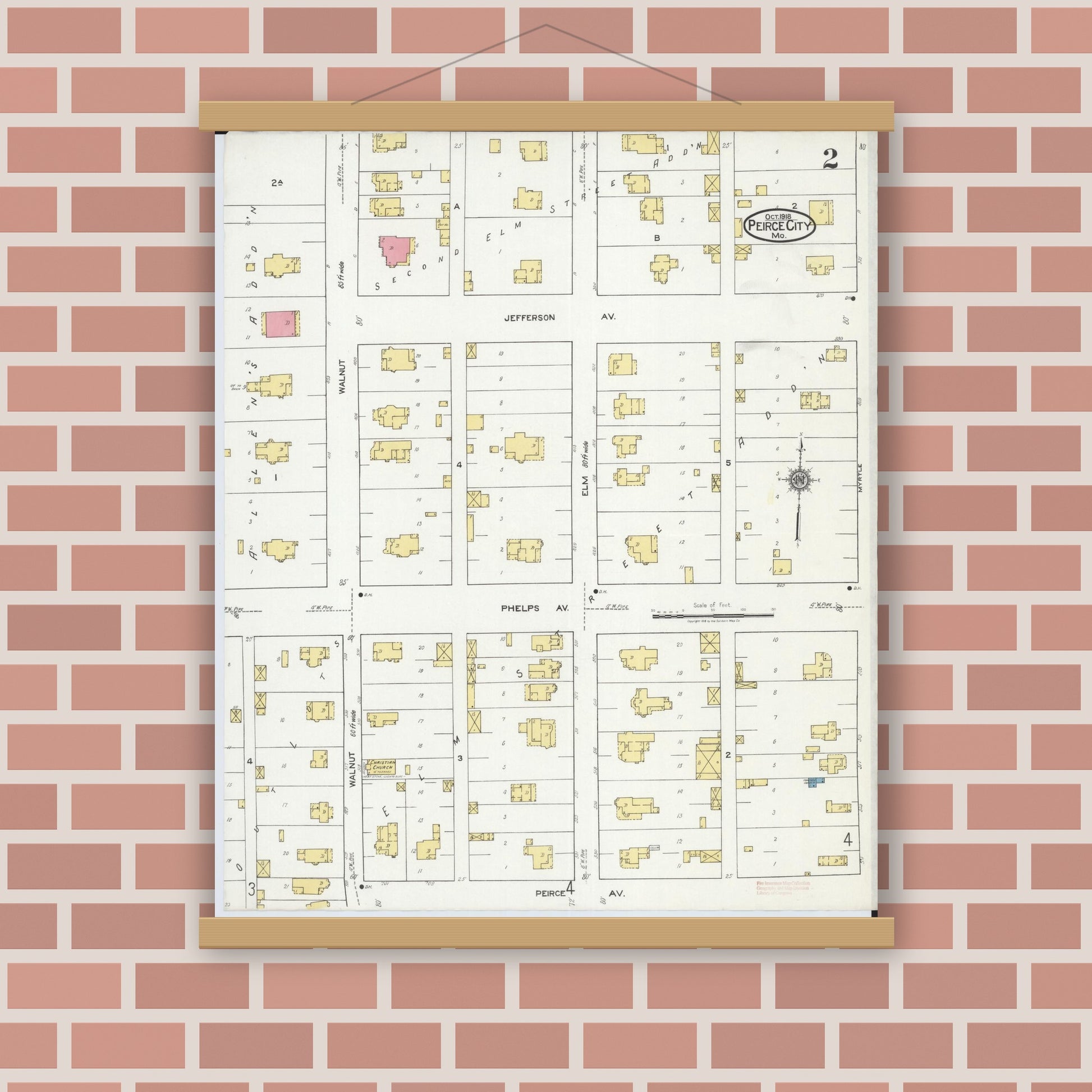 Old map wall art mockup — magnetic wood frame on brick wall — Sanborn Fire Insurance Map from Pierce City, Lawrence County, Missouri (1918), Sheet #0002