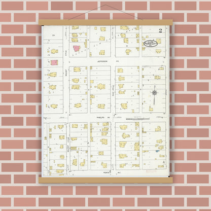 Old map wall art mockup — magnetic wood frame on brick wall — Sanborn Fire Insurance Map from Pierce City, Lawrence County, Missouri (1918), Sheet #0002