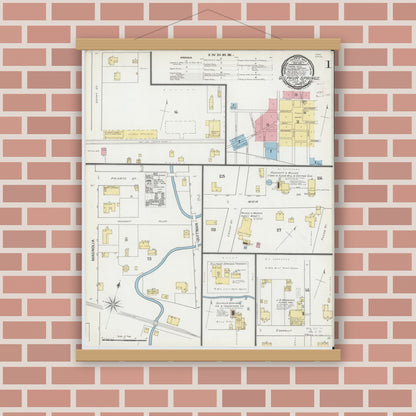 Old map wall art mockup — magnetic wood frame on brick wall — Sanborn Fire Insurance Map from Sulphur Springs, Hopkins County, Texas (1893), Sheet #0001