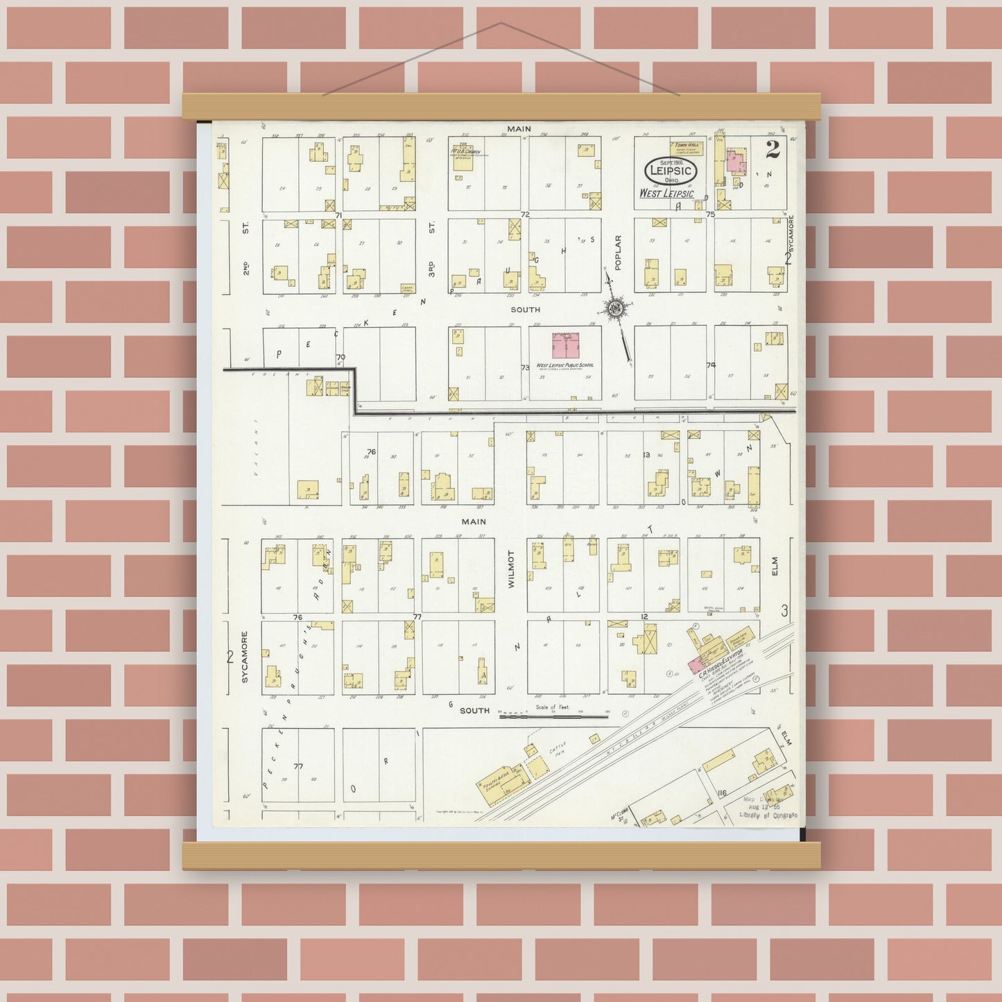 Old map wall art mockup — magnetic wood frame on brick wall — Sanborn Fire Insurance Map from Leipsic, Putnam County, Ohio (1916), Sheet #0002