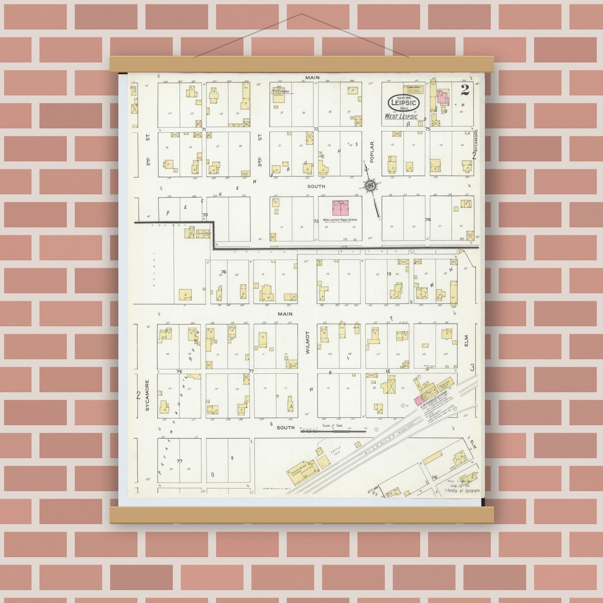 Old map wall art mockup — magnetic wood frame on brick wall — Sanborn Fire Insurance Map from Leipsic, Putnam County, Ohio (1916), Sheet #0002
