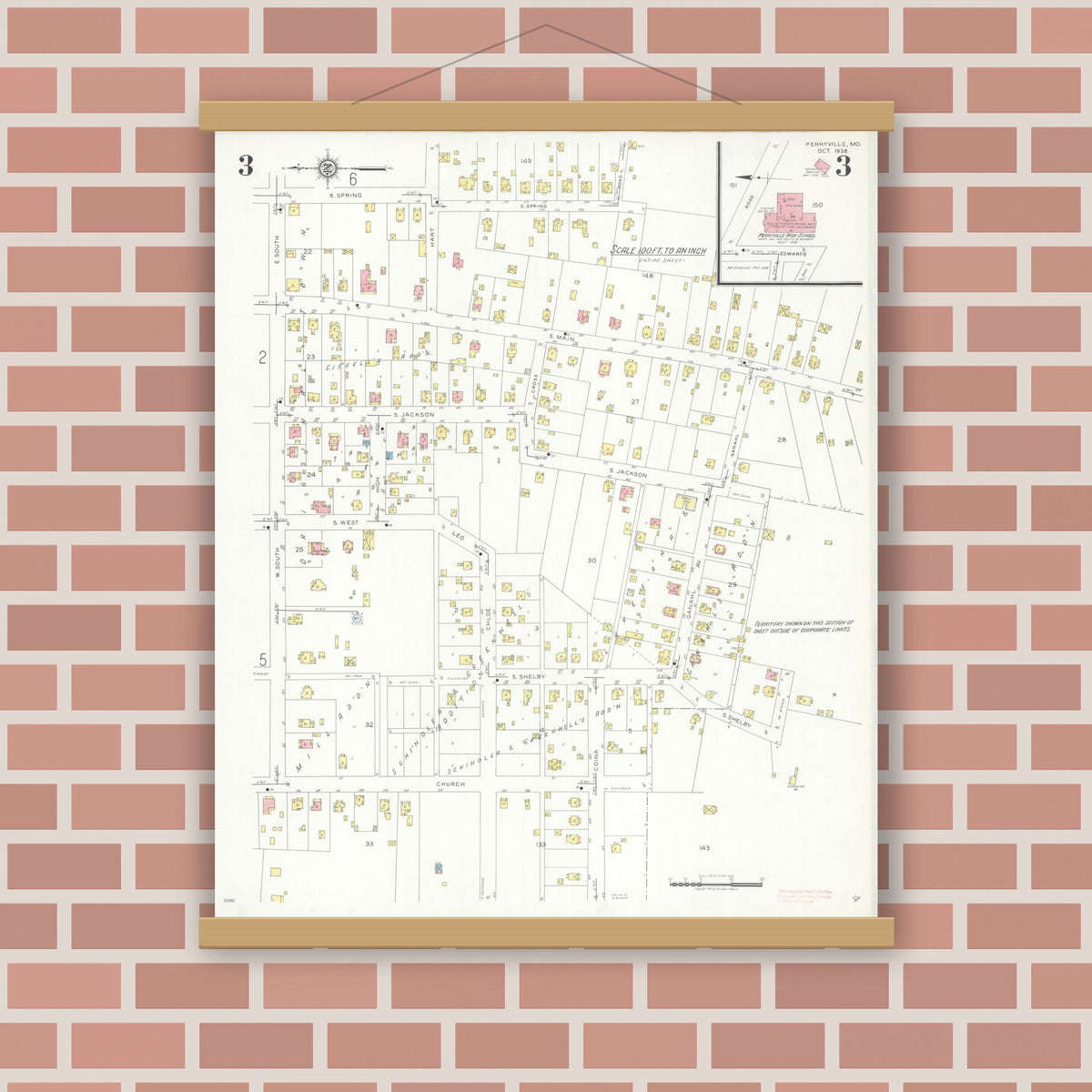 Old map wall art mockup — magnetic wood frame on brick wall — Sanborn Fire Insurance Map from Perryville, Perry County, Missouri (1938), Sheet #0003