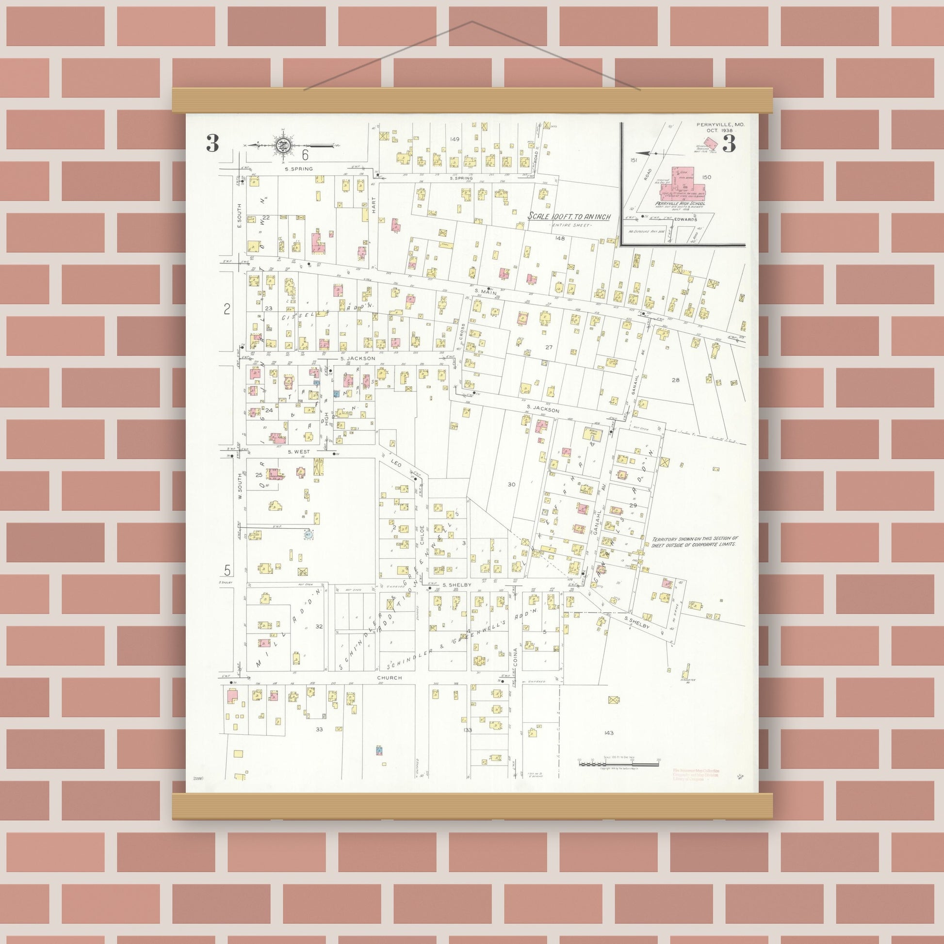 Old map wall art mockup — magnetic wood frame on brick wall — Sanborn Fire Insurance Map from Perryville, Perry County, Missouri (1938), Sheet #0003