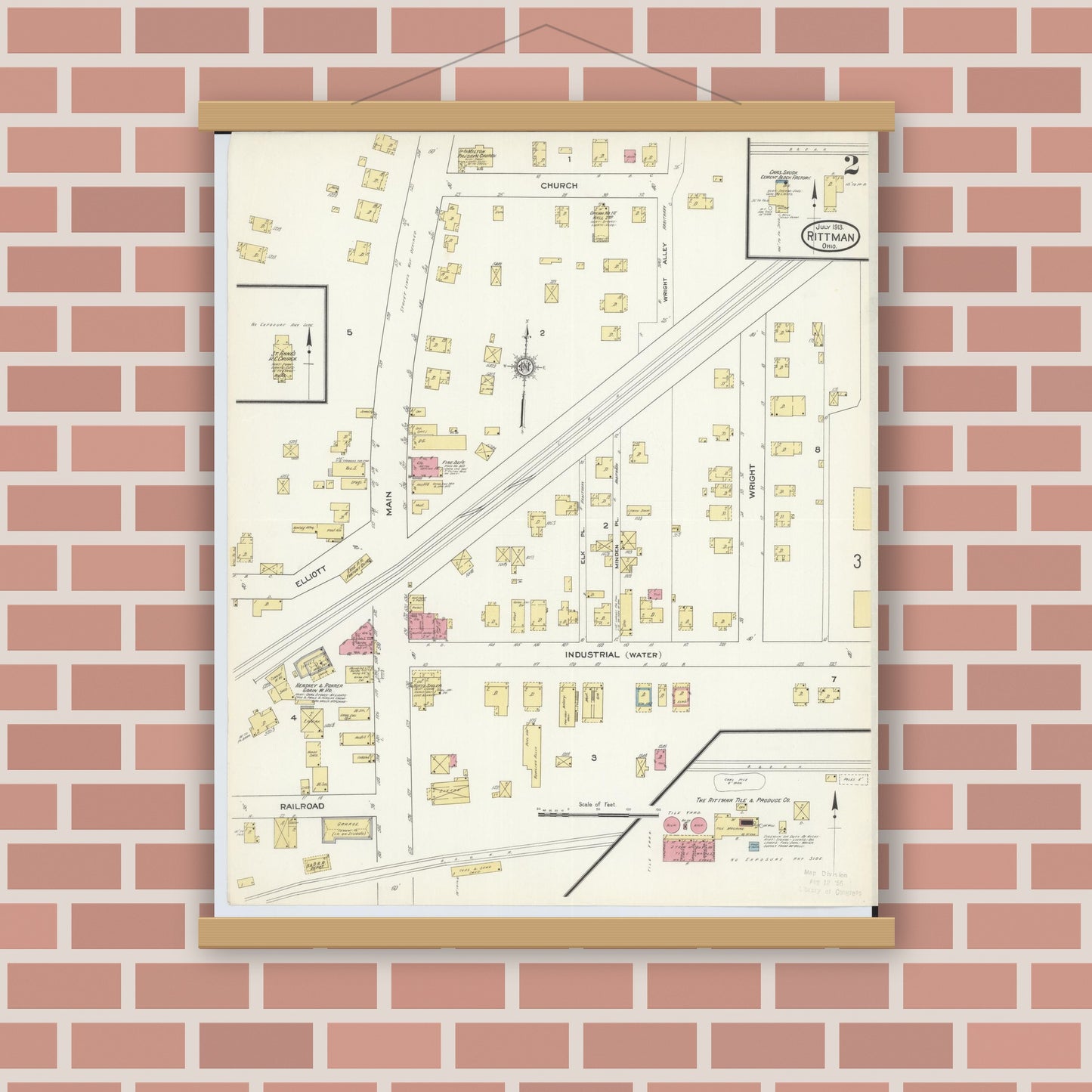 Old map wall art mockup — magnetic wood frame on brick wall — Sanborn Fire Insurance Map from Rittman, Wayne County, Ohio (1913), Sheet #0002