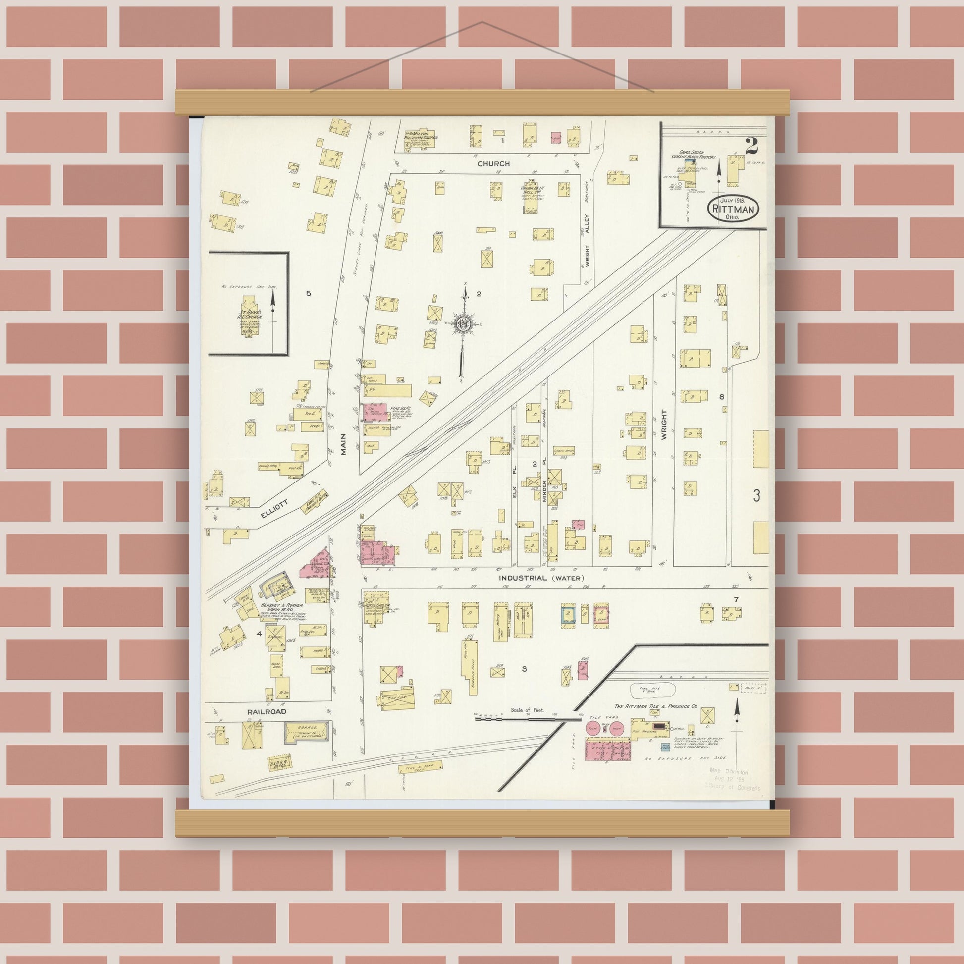 Old map wall art mockup — magnetic wood frame on brick wall — Sanborn Fire Insurance Map from Rittman, Wayne County, Ohio (1913), Sheet #0002