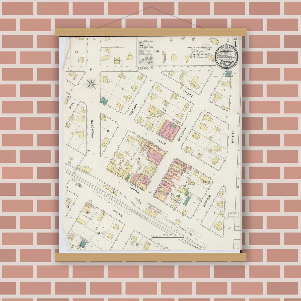 Old map wall art mockup — magnetic wood frame on brick wall — Sanborn Fire Insurance Map from Sharon, Walworth County, Wisconsin (1894) - Complete Map Set