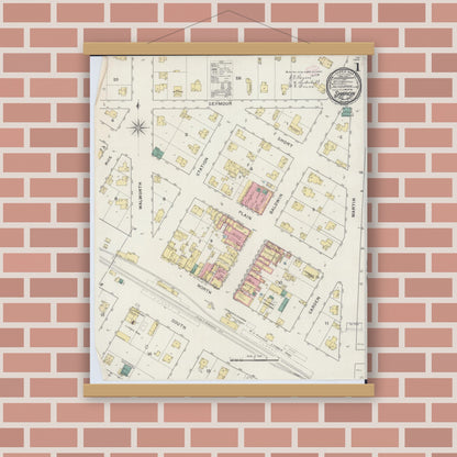 Old map wall art mockup — magnetic wood frame on brick wall — Sanborn Fire Insurance Map from Sharon, Walworth County, Wisconsin (1894) - Complete Map Set