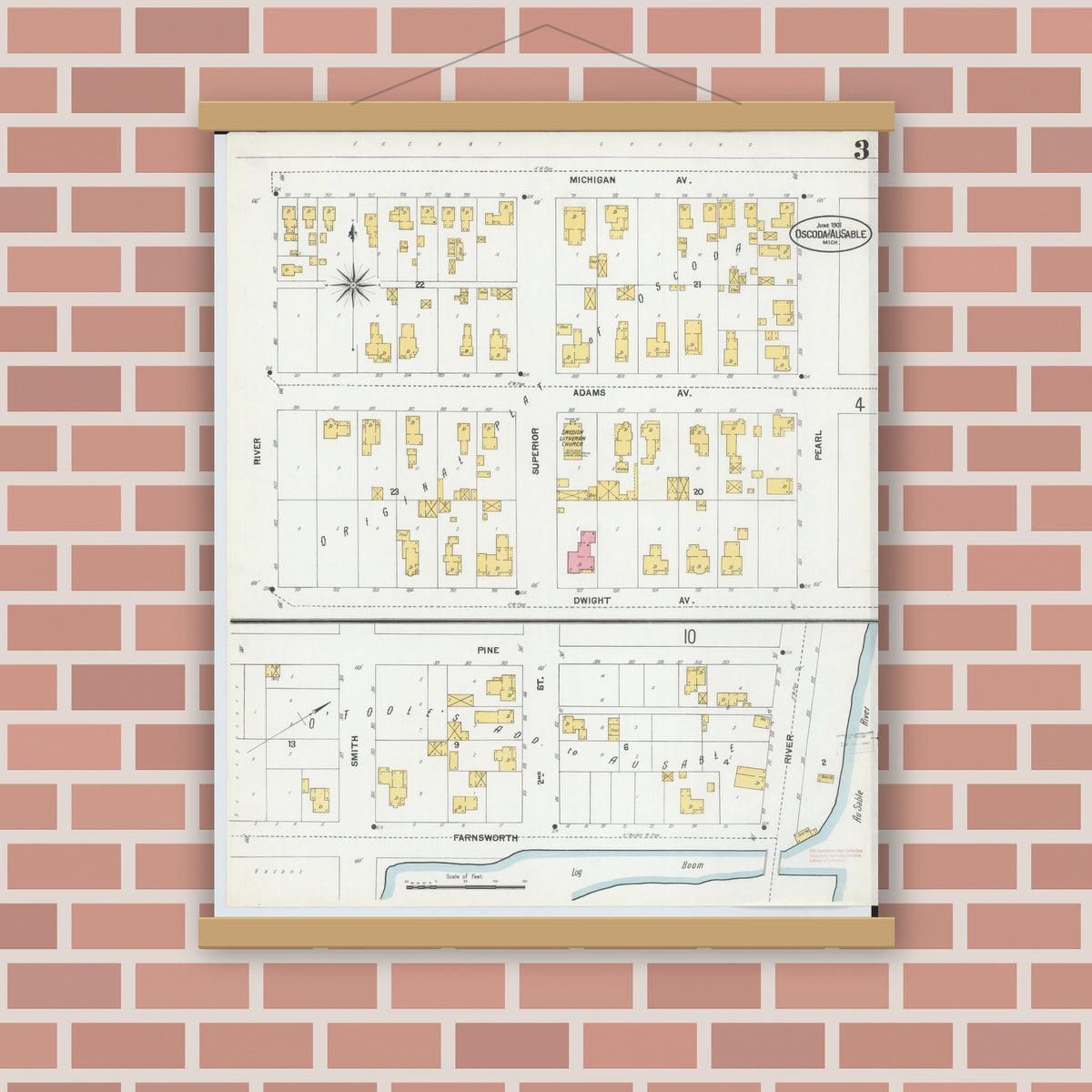 Old map wall art mockup — magnetic wood frame on brick wall — Sanborn Fire Insurance Map from Oscoda, Iosco County, Michigan (1901), Sheet #0003