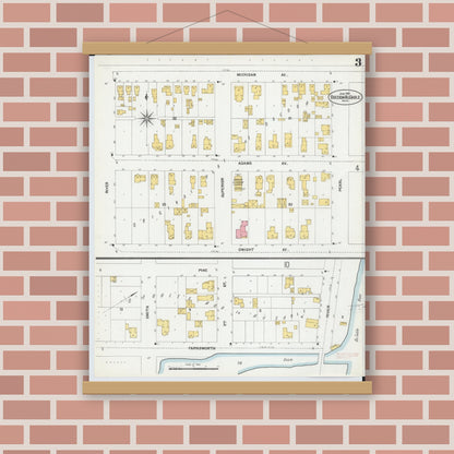 Old map wall art mockup — magnetic wood frame on brick wall — Sanborn Fire Insurance Map from Oscoda, Iosco County, Michigan (1901), Sheet #0003