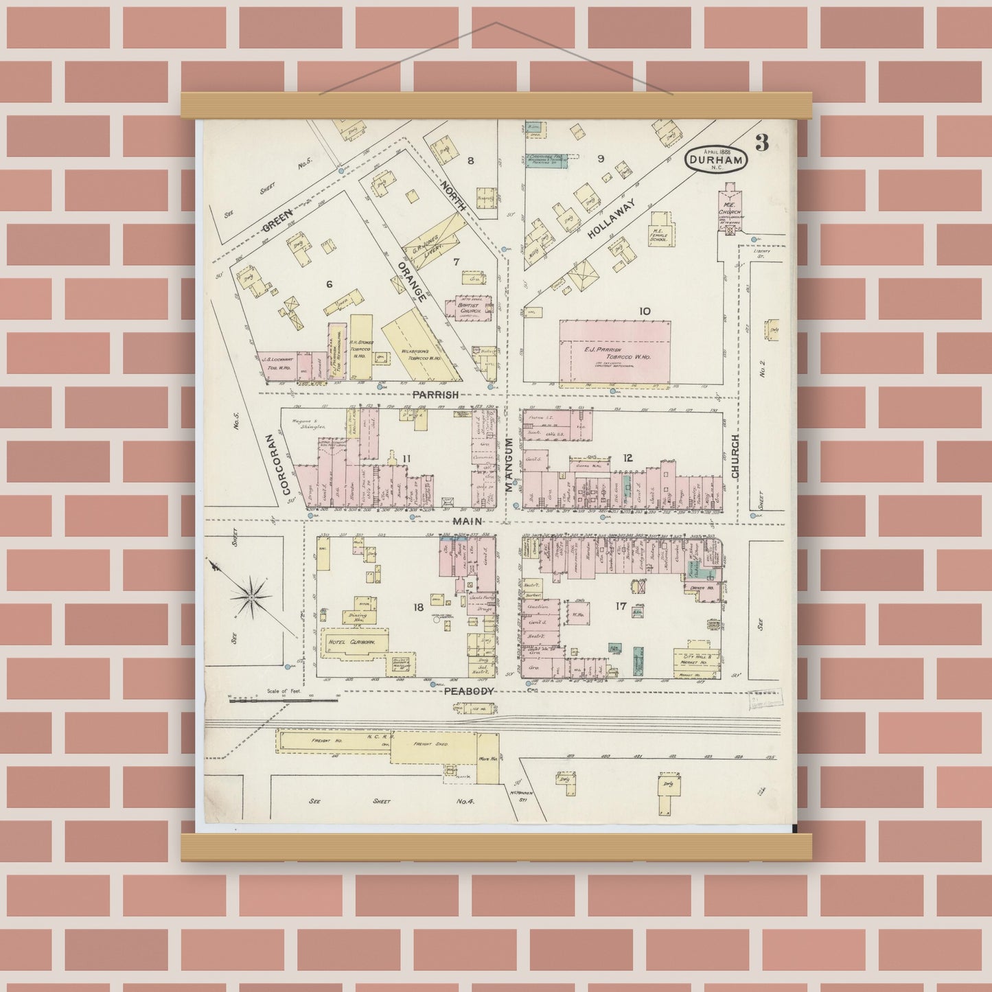Old map wall art mockup — magnetic wood frame on brick wall — Sanborn Fire Insurance Map from Durham, Durham County, North Carolina (1888), Sheet #0003
