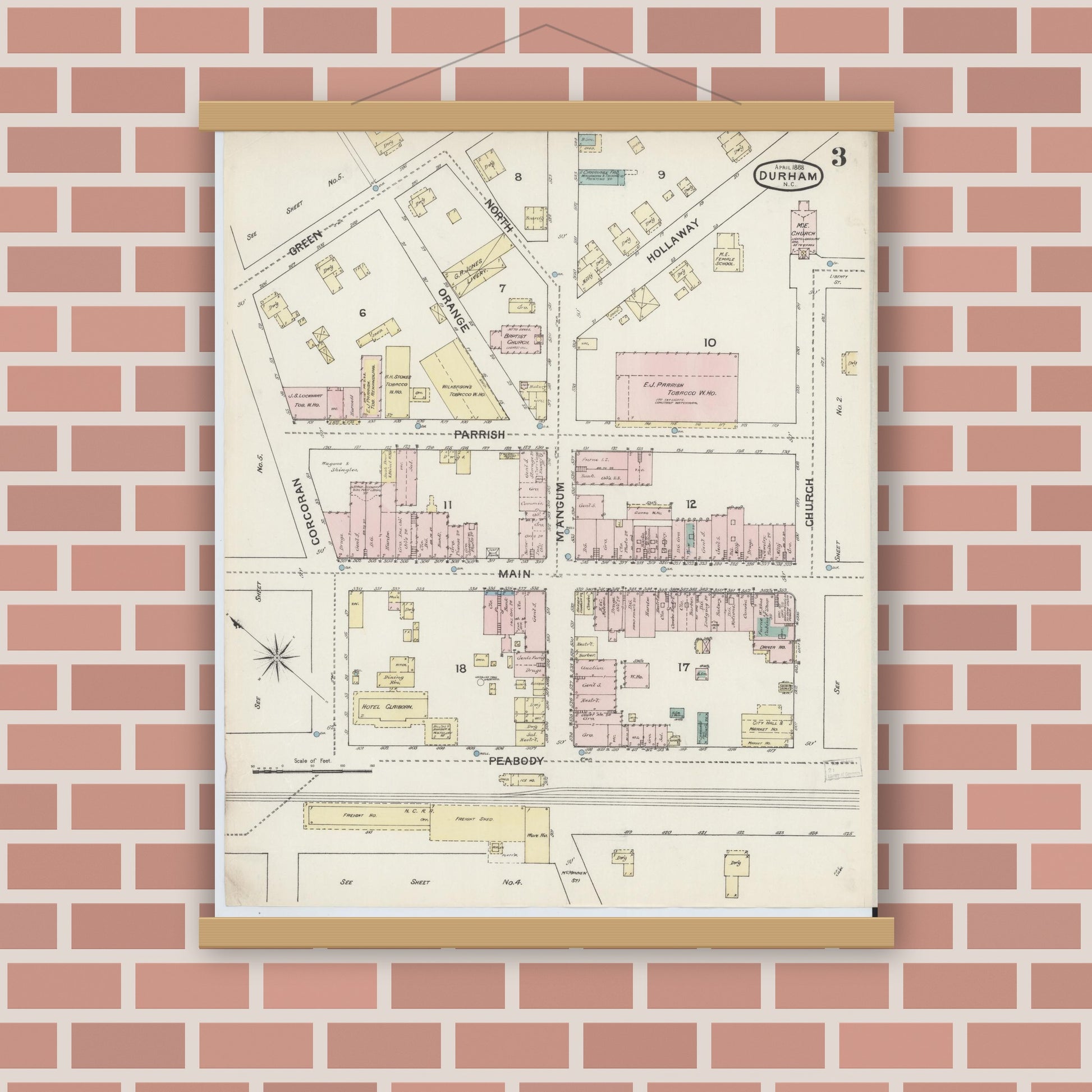 Old map wall art mockup — magnetic wood frame on brick wall — Sanborn Fire Insurance Map from Durham, Durham County, North Carolina (1888), Sheet #0003