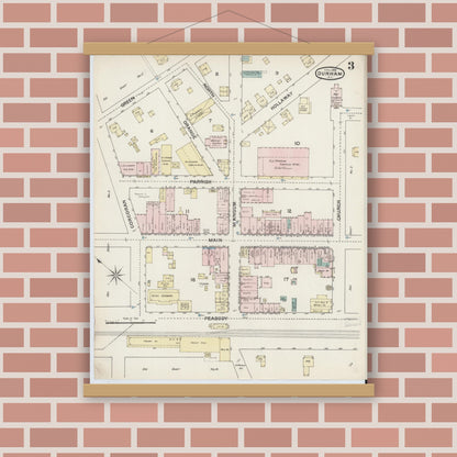 Old map wall art mockup — magnetic wood frame on brick wall — Sanborn Fire Insurance Map from Durham, Durham County, North Carolina (1888), Sheet #0003