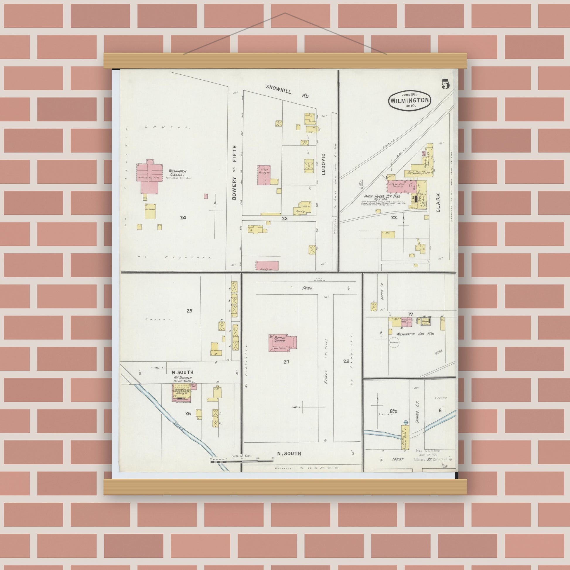 Old map wall art mockup — magnetic wood frame on brick wall — Sanborn Fire Insurance Map from Wilmington, Clinton County, Ohio (1895), Sheet #0005