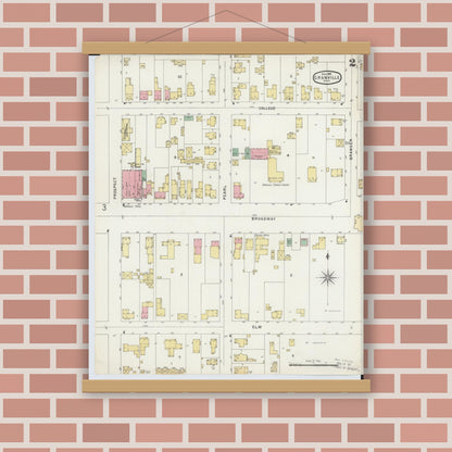 Old map wall art mockup — magnetic wood frame on brick wall — Sanborn Fire Insurance Map from Granville, Licking County, Ohio (1896), Sheet #0002