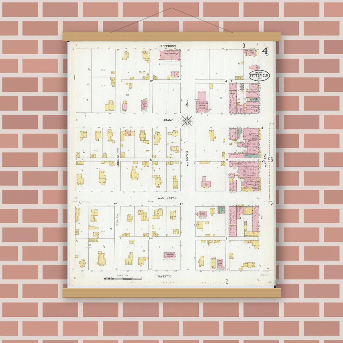 Old map wall art mockup — magnetic wood frame on brick wall — Sanborn Fire Insurance Map from Pittsfield, Pike County, Illinois (1905), Sheet #0004