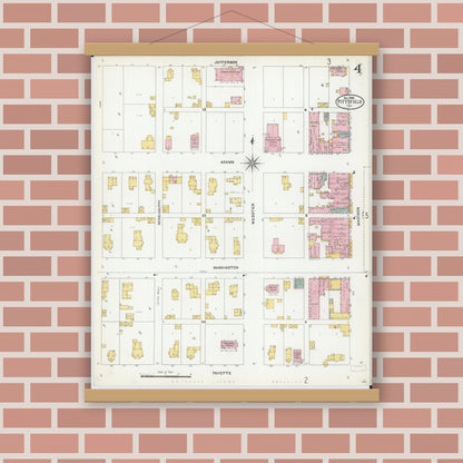 Old map wall art mockup — magnetic wood frame on brick wall — Sanborn Fire Insurance Map from Pittsfield, Pike County, Illinois (1905), Sheet #0004