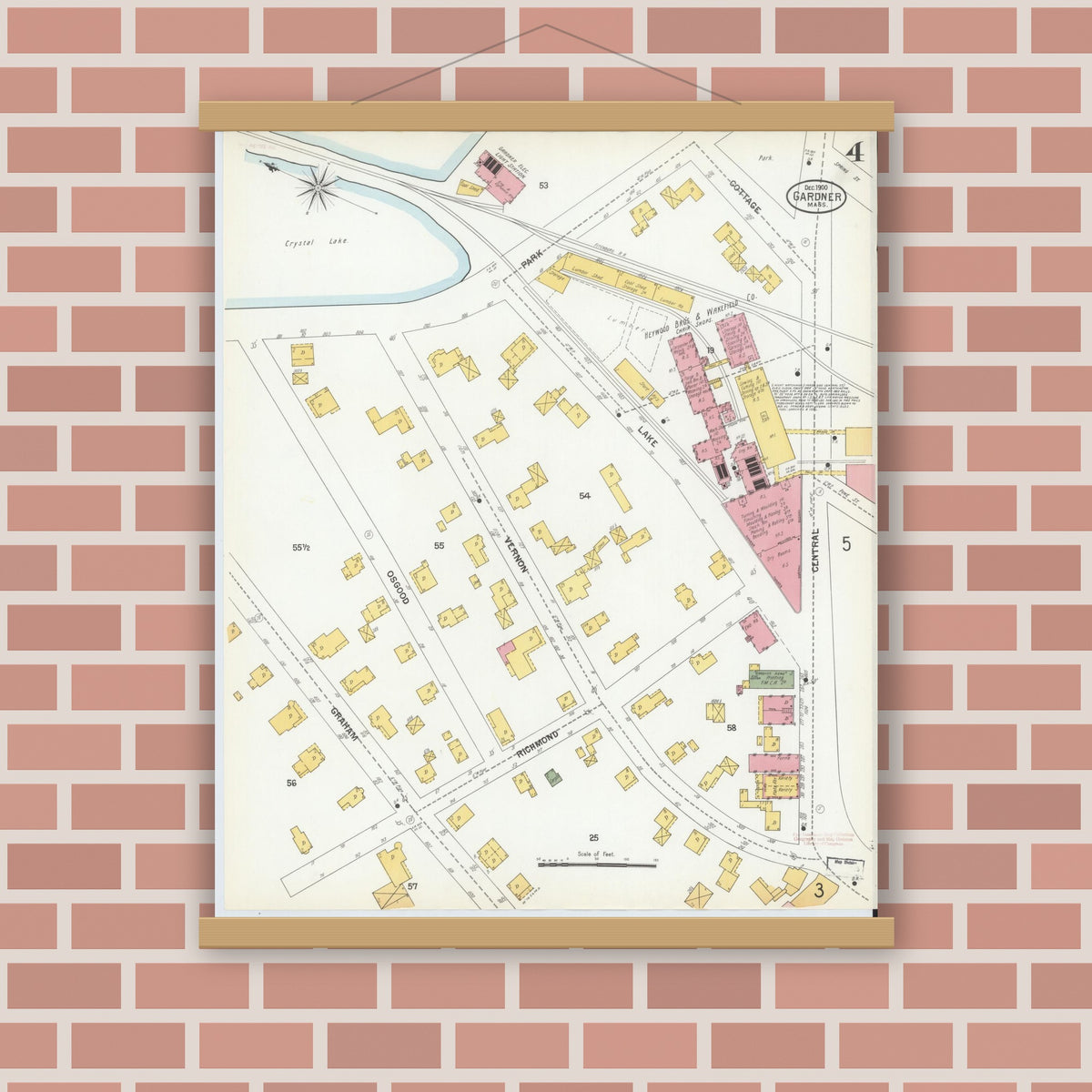 Old map wall art mockup — magnetic wood frame on brick wall — Sanborn Fire Insurance Map from Gardner, Worcester County, Massachusetts (1900), Sheet #0004