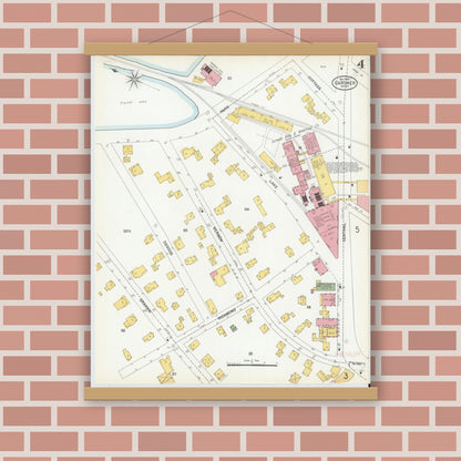 Old map wall art mockup — magnetic wood frame on brick wall — Sanborn Fire Insurance Map from Gardner, Worcester County, Massachusetts (1900), Sheet #0004
