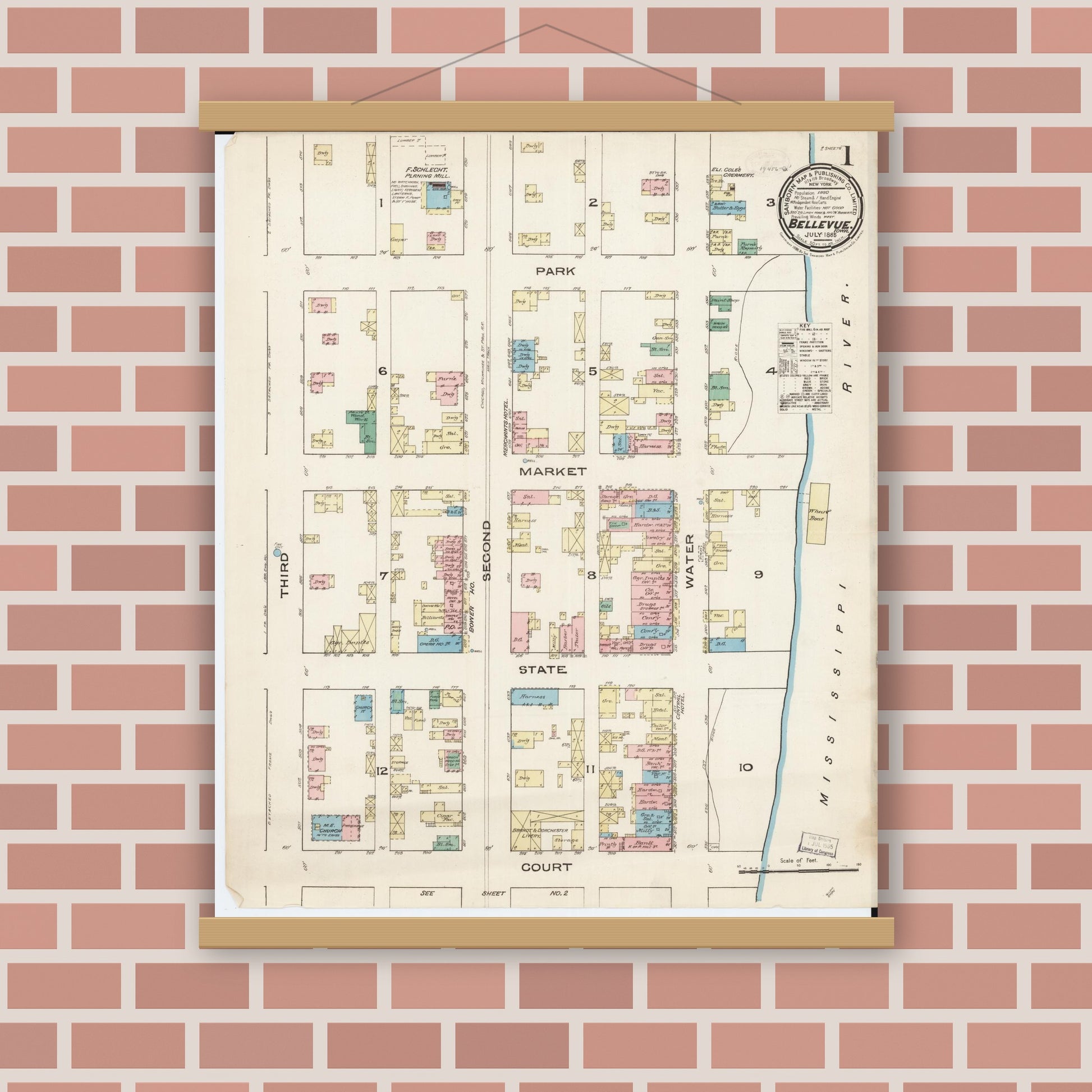 Old map wall art mockup — magnetic wood frame on brick wall — Sanborn Fire Insurance Map from Bellevue, Jackson County, Iowa (1885) â€” Complete Set