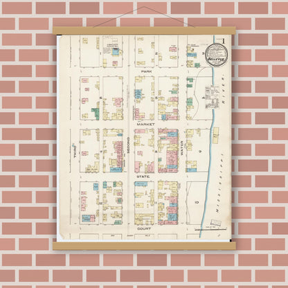 Old map wall art mockup — magnetic wood frame on brick wall — Sanborn Fire Insurance Map from Bellevue, Jackson County, Iowa (1885) â€” Complete Set