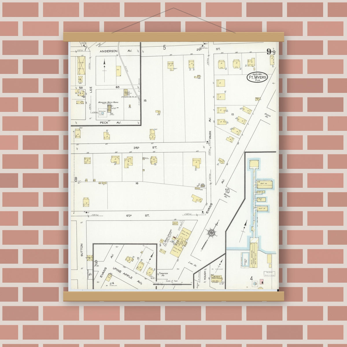 Old map wall art mockup — magnetic wood frame on brick wall — Sanborn Fire Insurance Map from Fort Myers, Lee County, Florida (1914), Sheet #0009